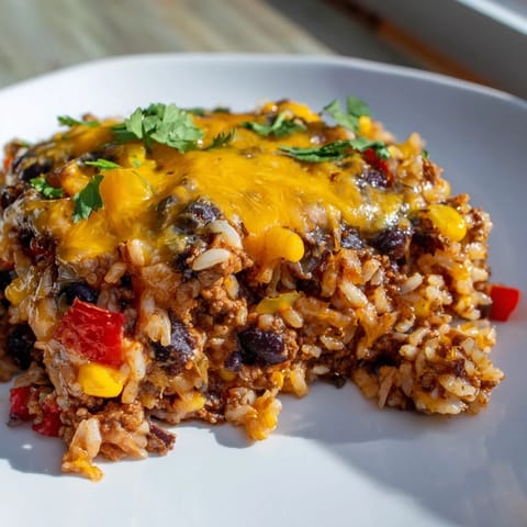 A close-up of a bubbling Tex-Mex Beef & Rice Casserole, garnished with fresh cilantro and jalapeños.
