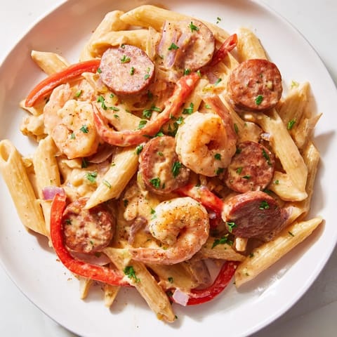 A bowl of delicious Cajun Sausage & Shrimp Alfredo Pasta Skillet, ready to enjoy with fresh parsley garnish.