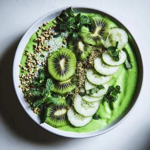 Creamy green smoothie bowl featuring kale, cucumber, and kiwi, garnished beautifully with fresh ingredients.