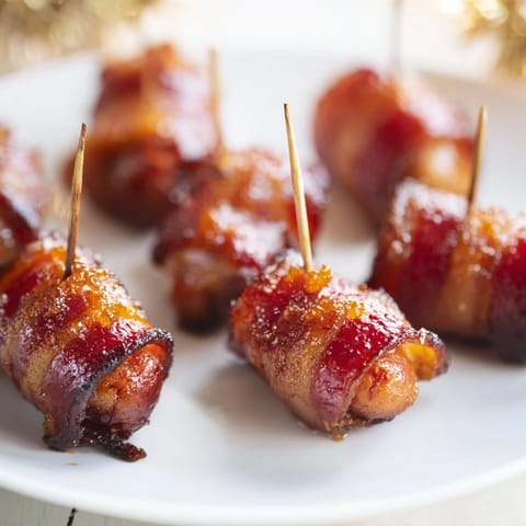 Golden-brown 3-Ingredient Bacon-Wrapped Smokies, sweet and savory, ready to serve with your favorite dipping sauce.
