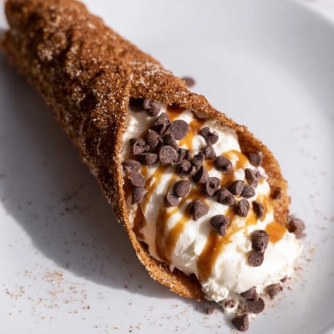 Golden-brown Quick Churro Cheesecake Cones, dusted with cinnamon sugar and topped with chocolate chips.