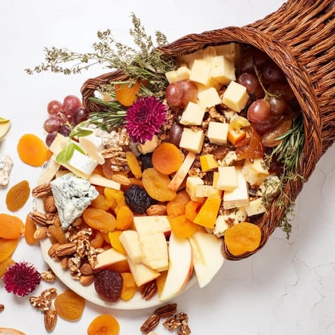 Thanksgiving-ready Autumn Harvest Horn of Plenty boasting a rustic arrangement of savory cheese and crackers.