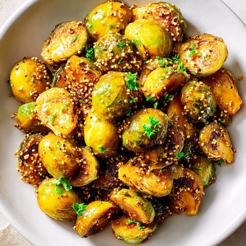 Golden and tender Honey Mustard Glazed Brussels Sprouts, showcasing the crispy edges and inviting aroma.