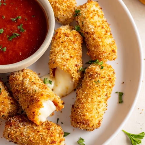 Perfectly melted cheese oozing from crispy air fryer mozzarella sticks, ready to dip and enjoy.