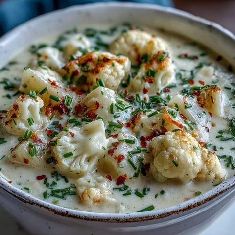 Steaming pot of Vegetarian Cauliflower Chowder with visible cauliflower, carrots, and potatoes simmering.