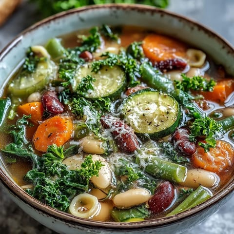 Steaming Minestrone Vegetable Soup in a rustic pot, featuring fresh diced zucchini, carrots, and tomatoes simmering in broth.