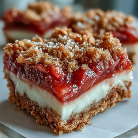 Homemade Rhubarb and Custard Crumble Bars showing a golden crumble topping over a vibrant pink rhubarb and custard filling.