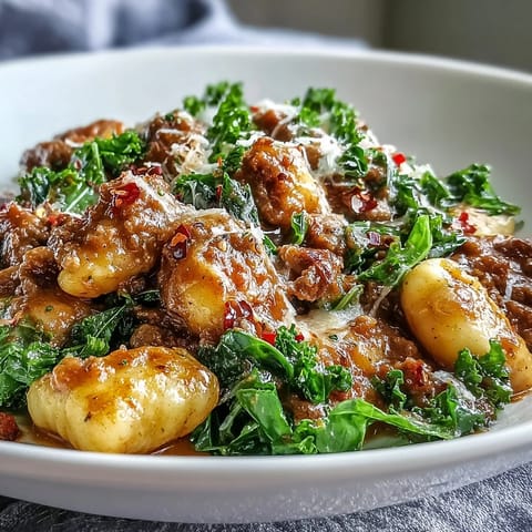 Steaming Sausage Gnocchi with kale served in a rustic bowl, garnished with fresh basil and grated Parmesan cheese.