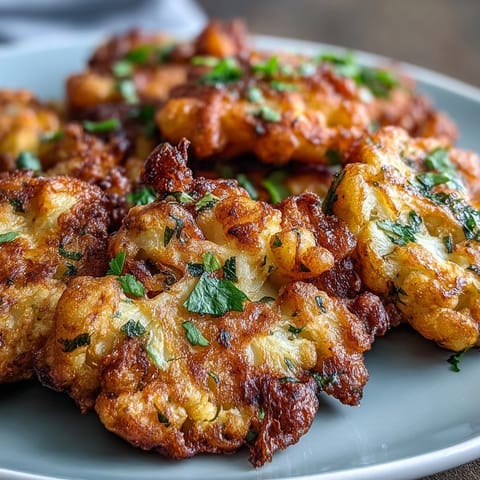 Crispy, spiced cauliflower bhajis made with chickpea flour, stacked on a white plate next to a green yogurt dip.