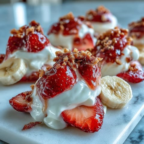 A close-up reveals creamy Strawberry & Banana Yoghurt Clusters topped with crunchy freeze-dried strawberries and banana chips.