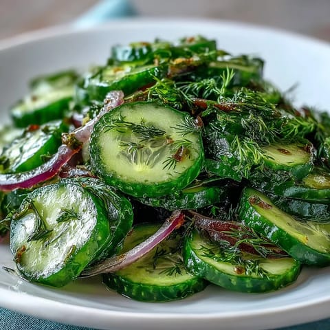 Refreshing Crunchy Cucumber Salad in a white bowl with fresh dill and sesame seeds, showcasing crisp sliced cucumbers and red onions.