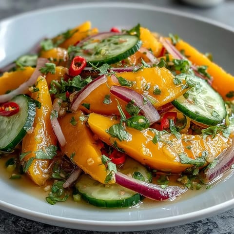 A close-up of Refreshing Mango Salad with Lime Dressing shows juicy mango, sliced cucumbers, and red chilies, garnished with fresh cilantro leaves for a fragrant, Thai-inspired lunch. 