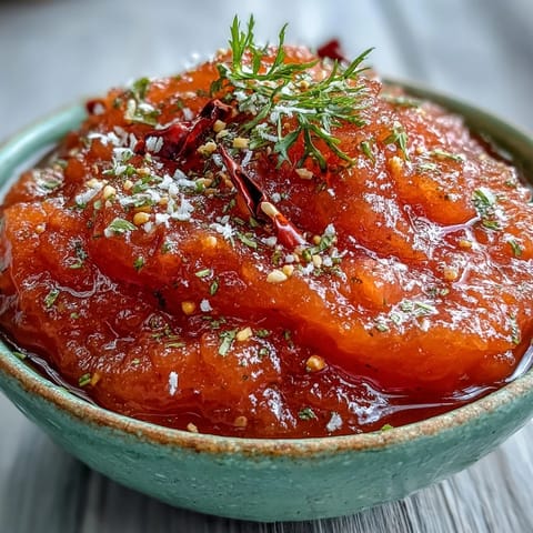 A vibrant green Guava Chutney topped with a mustard seed tempering of curry leaves and dried red chili.