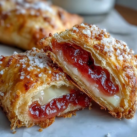 Golden-baked Guava and Cream Cheese Pastelitos are displayed on a rustic wooden board, revealing flaky, puffed layers and a vibrant pink guava filling.