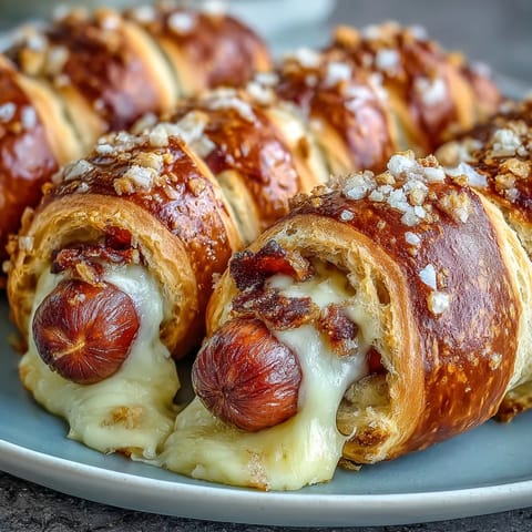 Eight Soft Baked Cheesy Pretzel Dogs resting on parchment paper, showcasing coarse salt sprinkles and a side of tangy mustard dip.