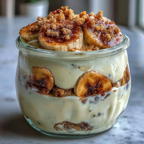 Protein Banana Pudding with smooth Greek yogurt custard, topped with crushed sugar-free wafers and ripe banana.