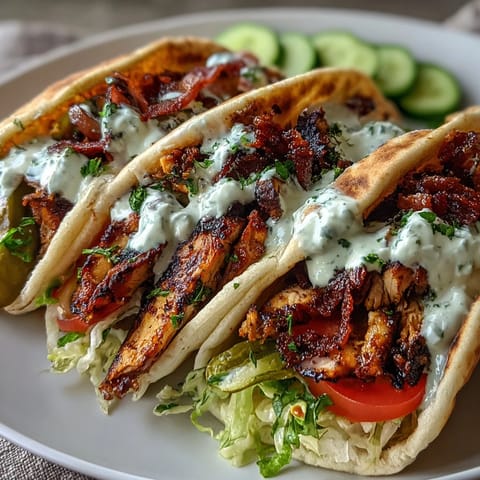 Freshly made chicken shawarma pita filled with juicy spiced meat and tangy pickles, served with a side of creamy sauce.