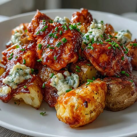 One-pan meal featuring juicy chicken thighs and crispy potatoes coated in creamy, spicy buffalo ranch sauce.