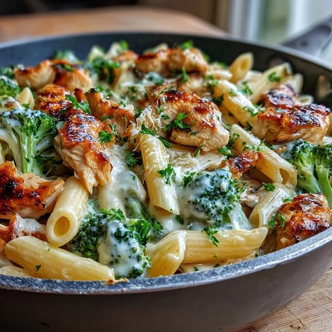 Golden chicken, crisp broccoli, and penne pasta tossed in a rich Parmesan cream sauce.