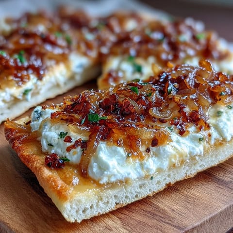 Freshly baked Goat Cheese & Caramelized Onion Flatbread with creamy cheese spread, sweet onions, and a honey drizzle on a slate serving platter.