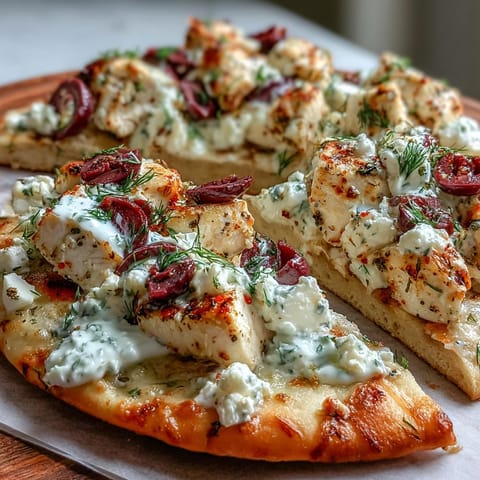 Golden-brown Lemon Feta Chicken Naan Pizza with melted mozzarella and Kalamata olives.