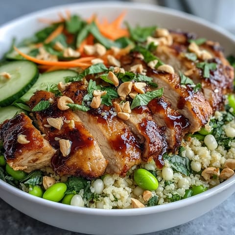 Colorful bowls of Sesame Ginger Chicken Couscous, topped with edamame, green onions, and herbs, perfect for a quick, satisfying weeknight dinner.
