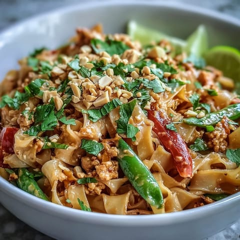 Creamy Thai-Inspired Peanut Noodle Bowls with ground chicken, crisp vegetables, and chopped roasted peanuts garnish.
