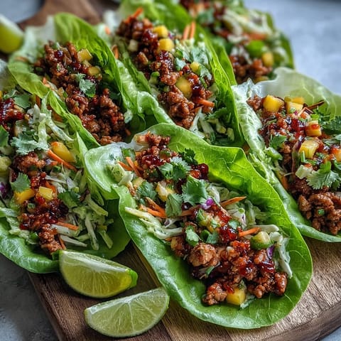 Skinny Spicy Turkey Lettuce Tacos with Mango Slaw piled high in crisp romaine leaves on a white plate.