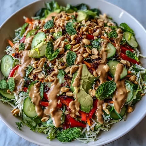 Colorful Vegan Spring Roll Salad with Peanut Dressing arranged in a white bowl, topped with sliced avocado and chopped peanuts, ready to serve.