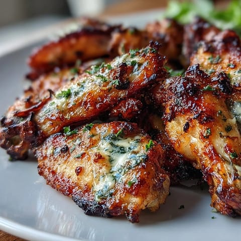 Golden-brown Keto Garlic Parmesan Baked Chicken Wings sit on a wire rack, coated in rich butter, herbs, and grated Parmesan for a crispy finish.