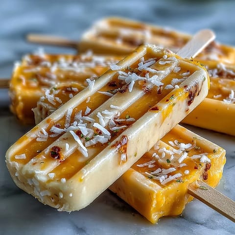 Creamy mango Greek yogurt popsicles with lime zest and coconut milk, a refreshing summer treat on a stick.