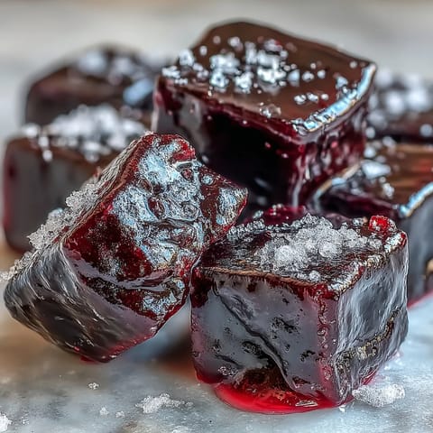 Close-up of soft, chewy Black Currant & Licorice Candy squares dusted with cornstarch, showcasing vibrant purple hue.