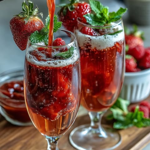 A vibrant strawberry mimosa bar with fresh fruit purees and sparkling wine for a festive Galentines brunch.