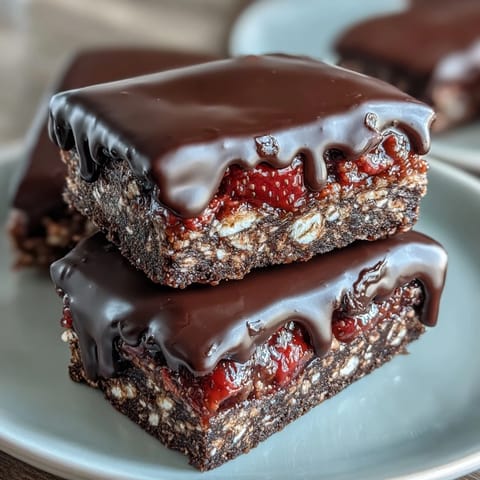 Chocolate-Dipped Strawberry Oat Bars with a chewy oat base, sweet strawberry jam, and rich chocolate drizzle—a perfect no-bake dessert.