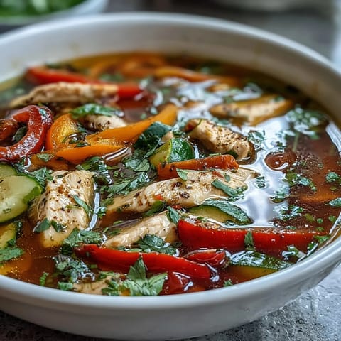 Vibrant bowl of skinny chicken fajita soup featuring tender chicken, colorful bell peppers, and fresh cilantro.