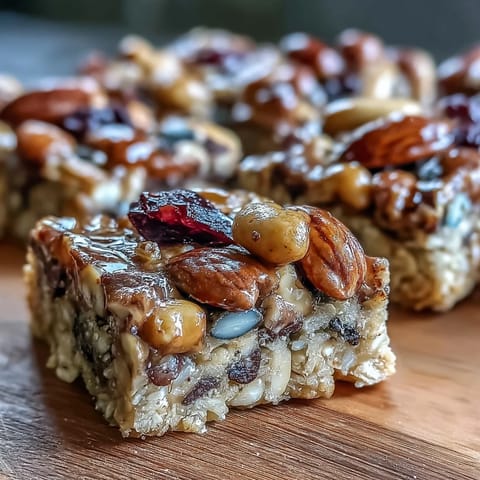 Trail mix bars with oats and honey, loaded with nuts, seeds, and dried fruit for a wholesome snack.
