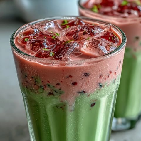 Two layered drinks featuring bright green matcha and red strawberry puree over ice with dairy-free oat milk.