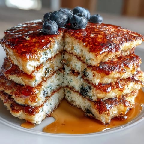 Golden-brown cottage cheese protein pancakes bursting with fresh blueberries, served with a dollop of creamy Greek yogurt.  