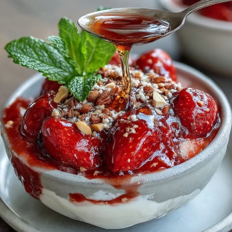 Creamy Greek yogurt topped with fresh strawberry compote, crunchy nuts, and a drizzle of honey for a vibrant breakfast bowl.