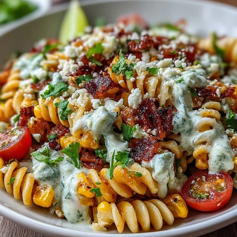 Mexican Street Corn Elote Pasta Salad with creamy lime dressing, cotija cheese, and charred corn, served in a large bowl with lime wedges on the side.