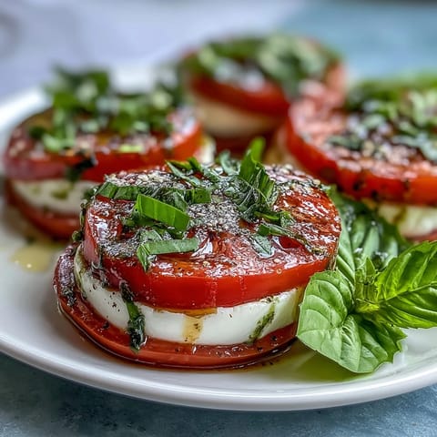 Caprese Salad with Basil Oil Drizzle - a vibrant Italian dish with ripe tomatoes, creamy mozzarella, and fragrant basil oil.