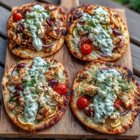 Golden Lemon Feta Chicken Naan Pizza topped with cherry tomatoes and red onions, finished with a drizzle of creamy tzatziki on a rustic board.