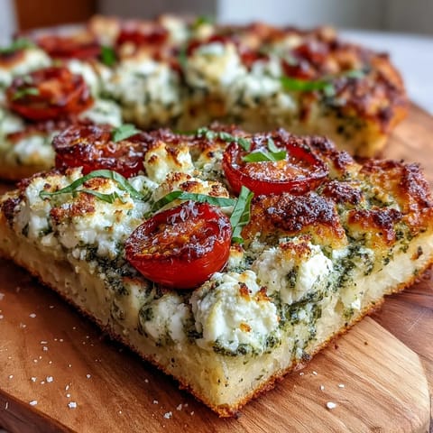 Golden baked cottage cheese flatbread, generously spread with vibrant pesto and juicy tomato halves.