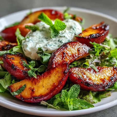 Creamy burrata meets caramelized Grilled Peach Salad with sweet honey drizzle.