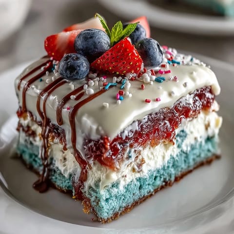 Festive Patriotic Poke Cake dotted with berry gelatin and luscious white chocolate ganache.