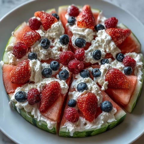 Festive 4th of July Watermelon Pizza topped with berries and creamy frosting.