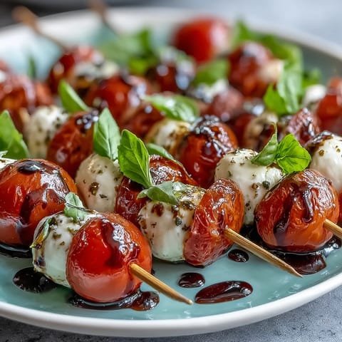 Mini Caprese salad skewers showcasing vibrant tomatoes, mozzarella, basil, and luscious balsamic glaze.