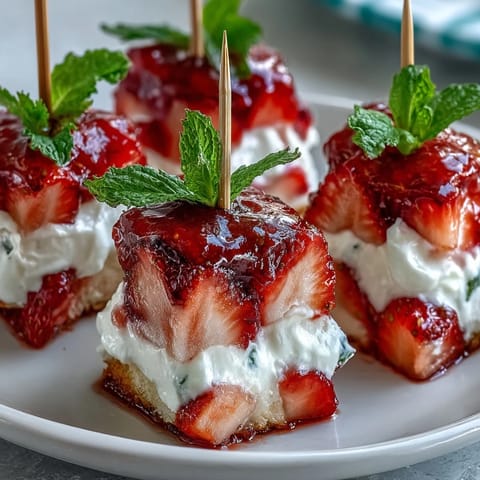 Mini Strawberry Shortcake Bites on a skewer, a delightful stacked dessert.