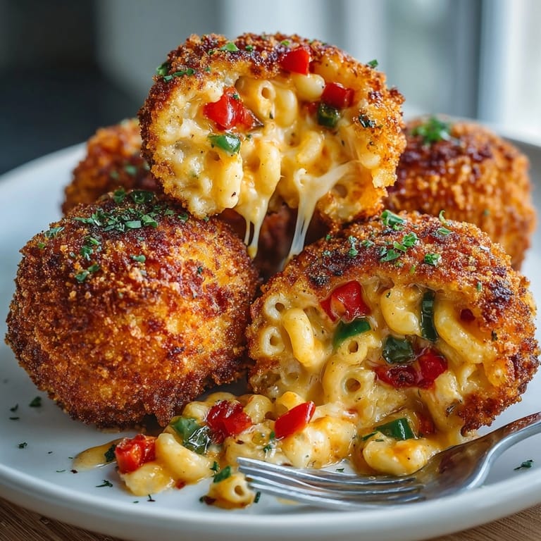 These golden, deep-fried Texas Queso Fried Mac & Cheese Balls look amazing, ready to eat.