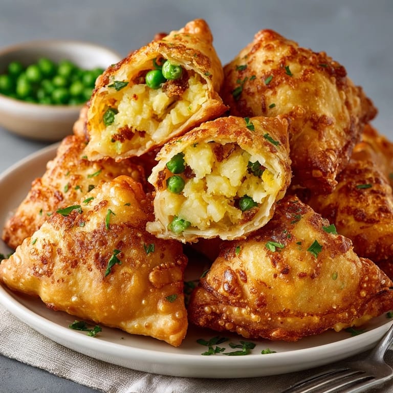 Plump, golden-brown Crispy Curry Potato Samosa Bites ready to be served with fresh chutney.